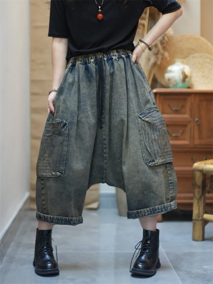 Women Retro Pure Color Denim Low Crotch Pants