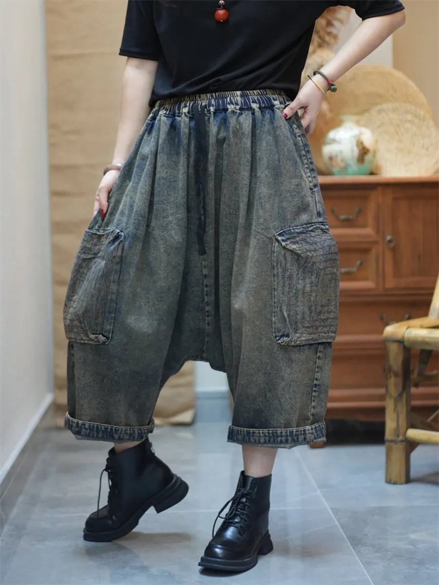 Women Retro Pure Color Denim Low Crotch Pants