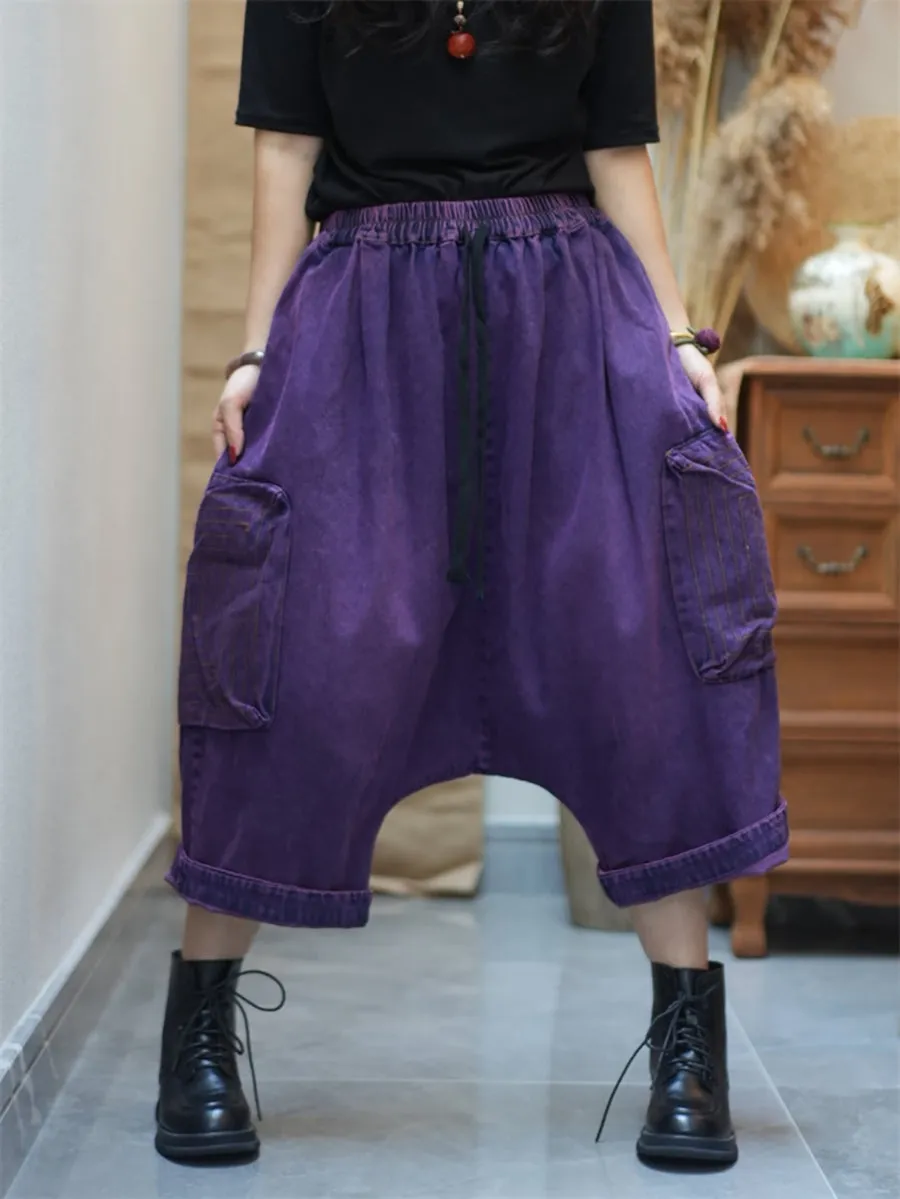 Women Retro Pure Color Denim Low Crotch Pants