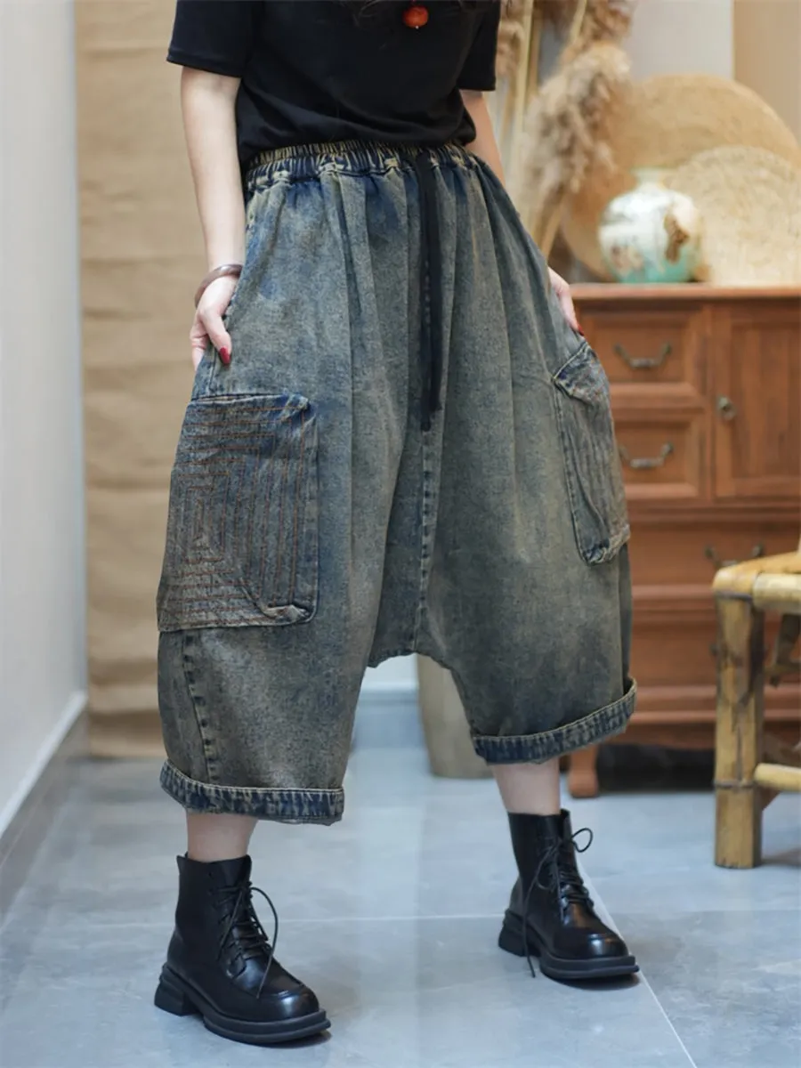 Women Retro Pure Color Denim Low Crotch Pants