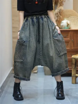Women Retro Pure Color Denim Low Crotch Pants