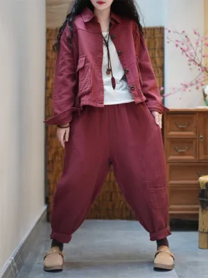 Women Spring Vintage Pure Color Loose Suits