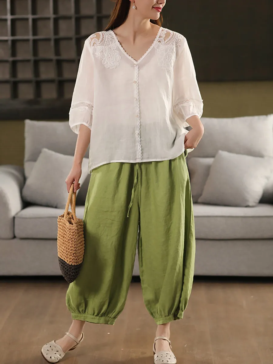 Women Summer Casual Pure Color 100%Linen Harem Pants