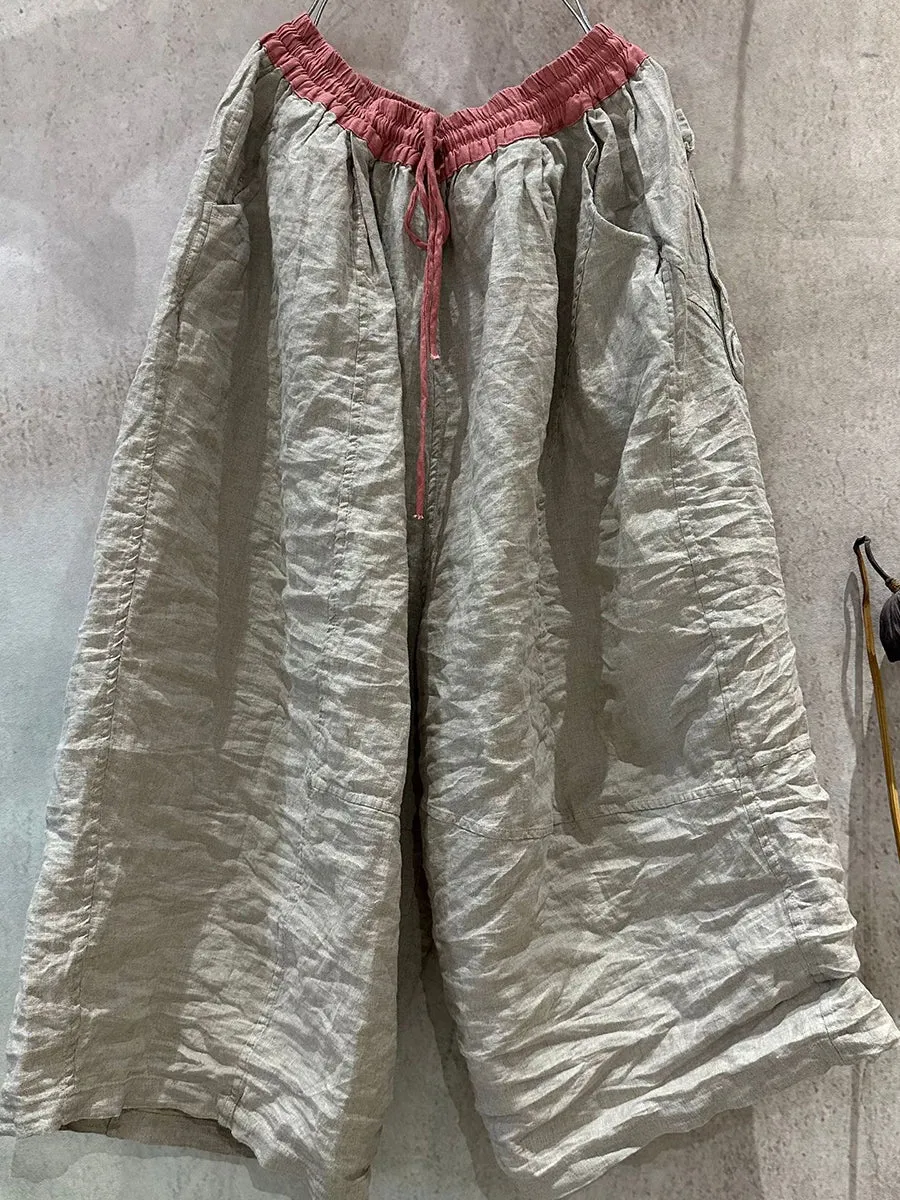 Women Summer Colorblock Linen Wide-leg Pants