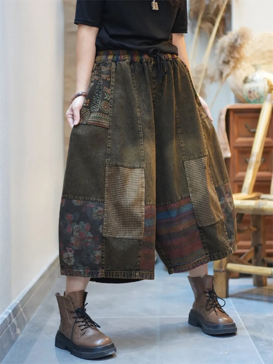 Women Summer Patchwork Denim Wide-leg Pants