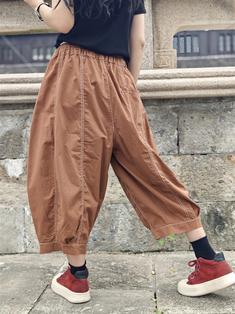 Women Summer Pure Color Spliced Cotton Harem Pants