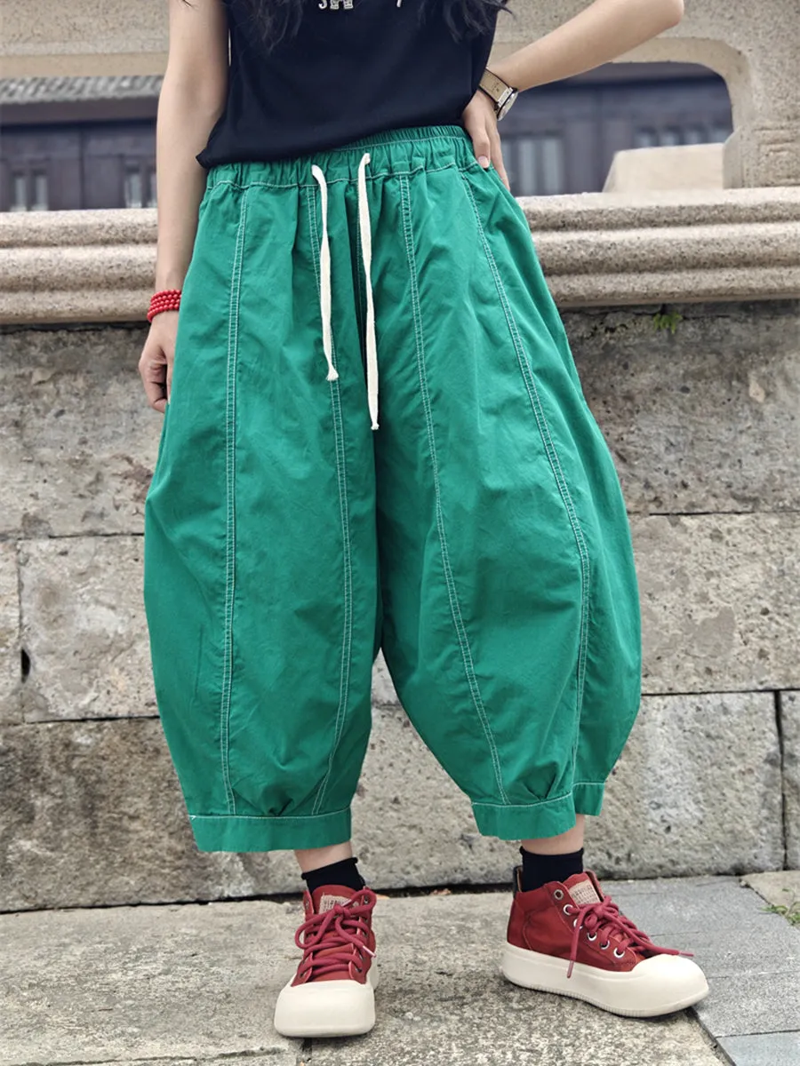 Women Summer Pure Color Spliced Cotton Harem Pants