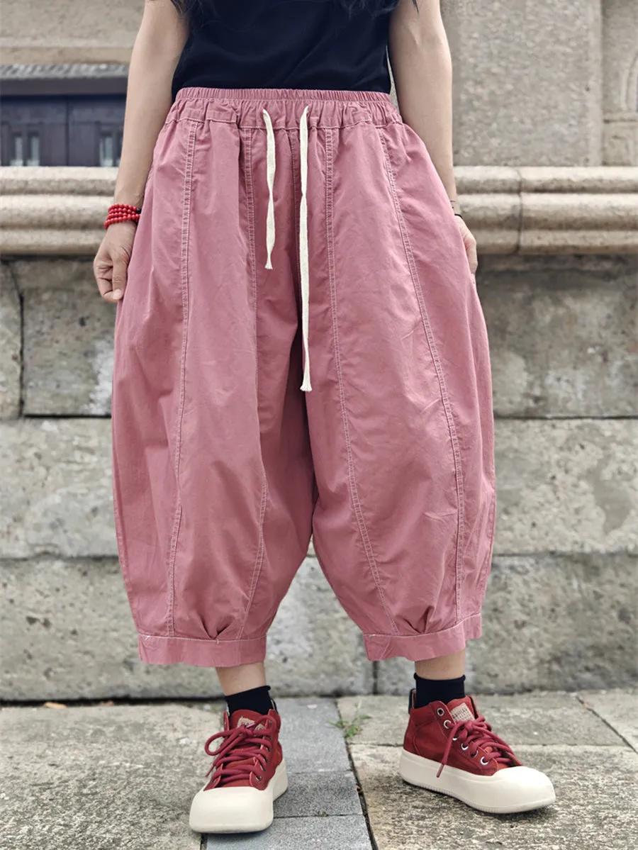 Women Summer Pure Color Spliced Cotton Harem Pants