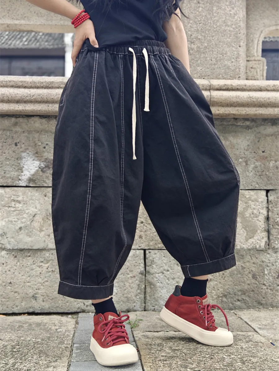Women Summer Pure Color Spliced Cotton Harem Pants