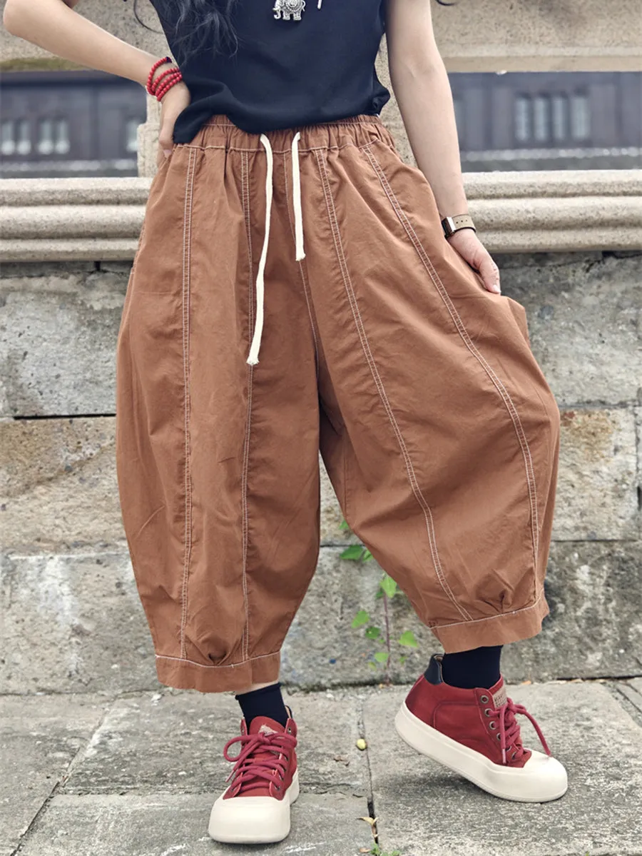 Women Summer Pure Color Spliced Cotton Harem Pants