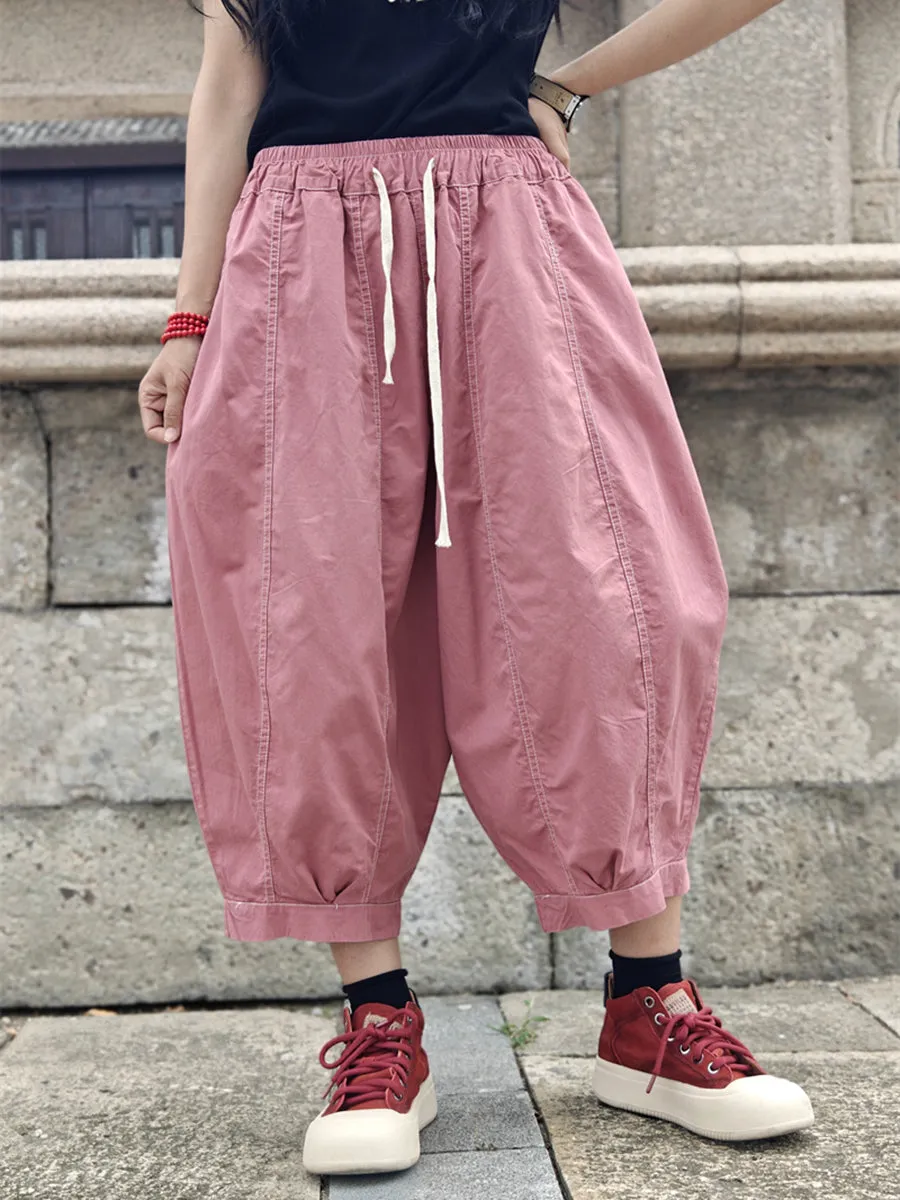 Women Summer Pure Color Spliced Cotton Harem Pants
