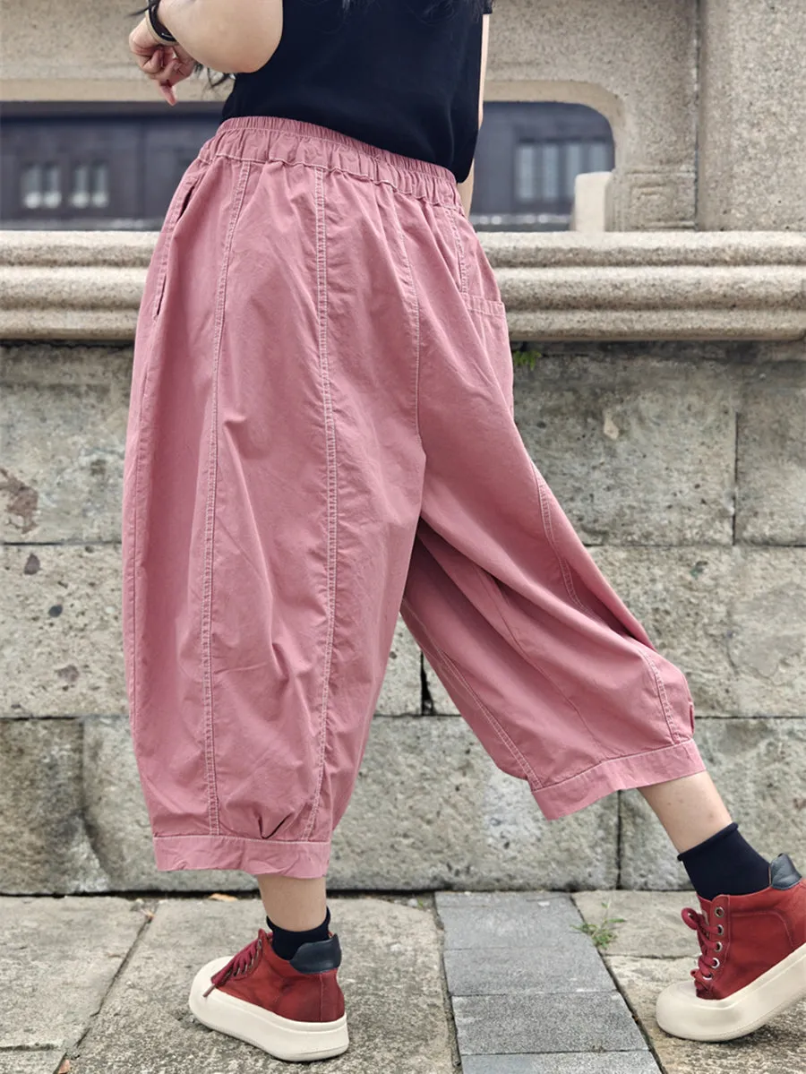 Women Summer Pure Color Spliced Cotton Harem Pants