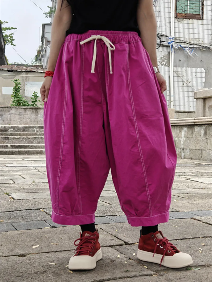 Women Summer Pure Color Spliced Cotton Harem Pants