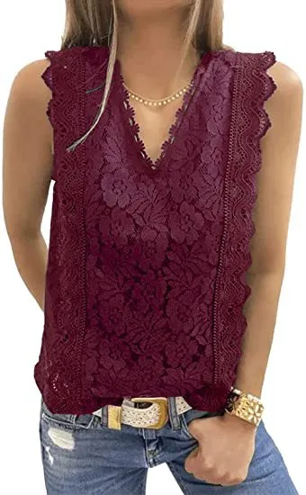 Women's Sleeveless V-Neck Lace Slim Vest Top