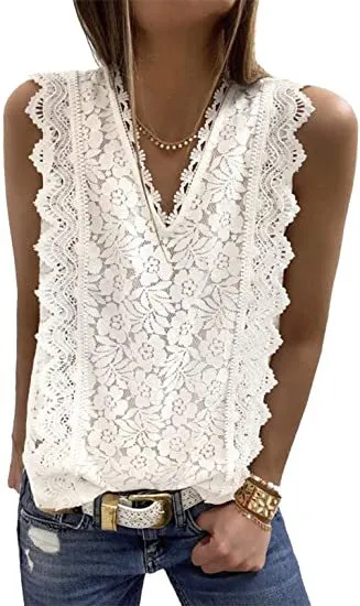 Women's Sleeveless V-Neck Lace Slim Vest Top