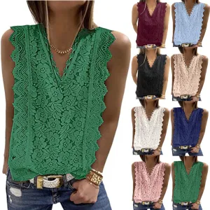 Women's Sleeveless V-Neck Lace Slim Vest Top