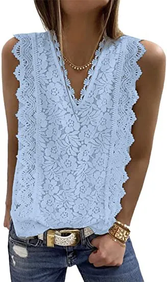 Women's Sleeveless V-Neck Lace Slim Vest Top