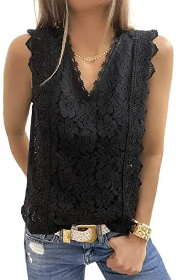Women's Sleeveless V-Neck Lace Slim Vest Top
